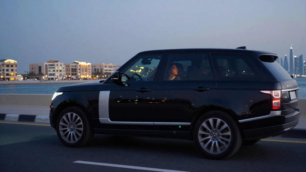 A blacked-out Range Rover drives along Palm Jumeirah at dusk, reflecting the Dubai skyline, its windows tinted and anonymous.