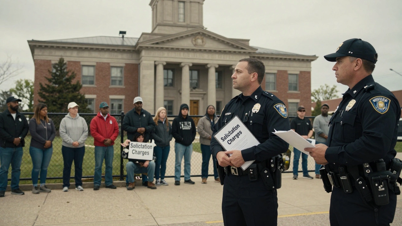 Police stand outside a courthouse as marginalized individuals watch silently behind a fence.
